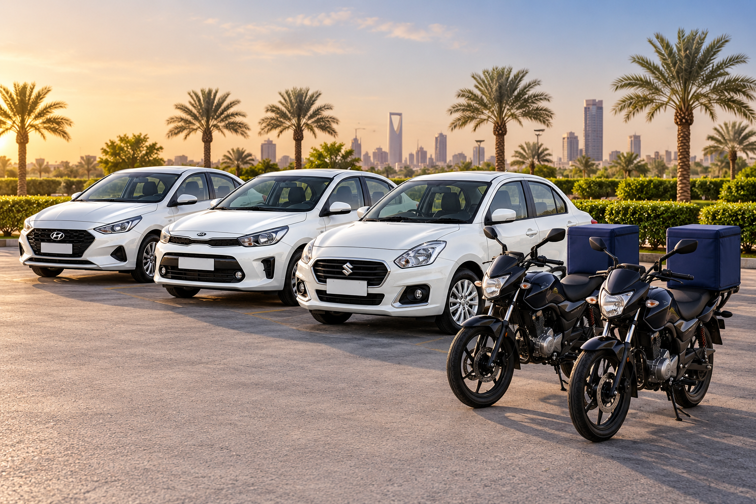 أسطول سيارات بيضاء ودراجات نارية مجهزة بصناديق التوصيل في الرياض